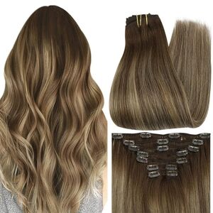 Balayage Highlights Clip in Extensions 14" 100% Remy Human Hair (#4/24/4) 105G